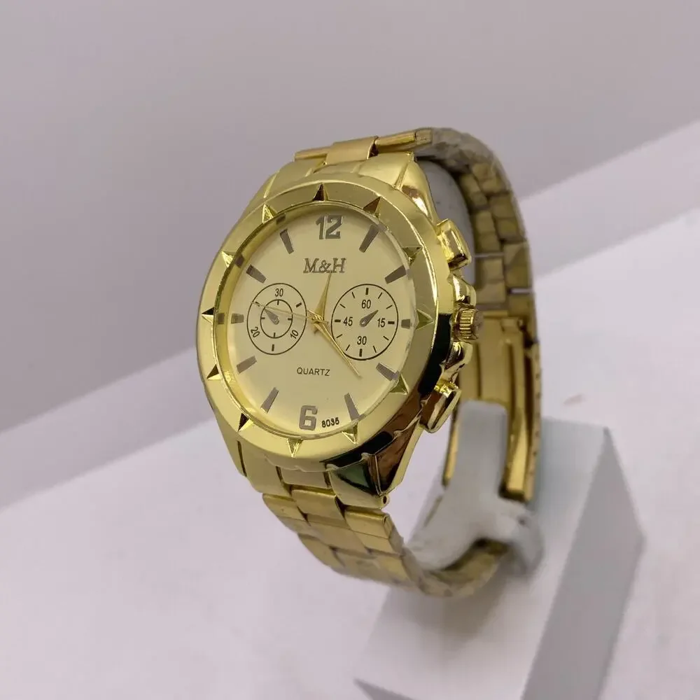 Mens Gold Large Quartz Watch Works New Battery